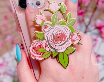 Enamel pin spring roses phone holder accessory gold plated