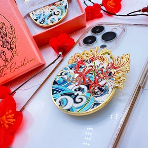 Enamel pin phone holder original design with traditional japanes waves and red spider Lilly flower