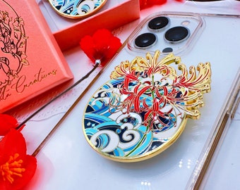 Enamel Pin Phone Holder: Japanese Wave & Spider Lily Design