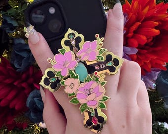 Enamel pin flower cross phone holder accessory gold plated