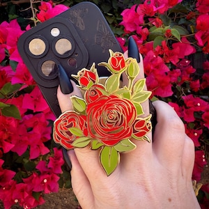 Pin de esmalte con rosas rojas, accesorio para teléfono chapado en oro