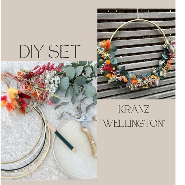 DIY Kranz Set zum selbst binden Trockenblumenkranz Wandkranz „Wellington“ Türkranz Deko Boho Eukalyptus mit Ring nach Wahl 25 cm