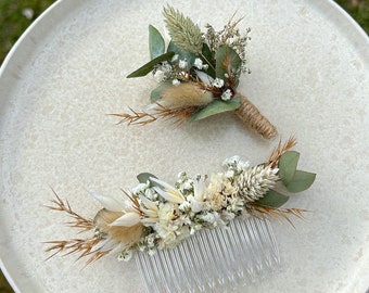 Set comb “Moonlight” & pin flower pin for flower hair wreath wedding pin dried flowers groom jute or lace