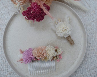 Hochzeitsset „Summerbreeze“ Brautstrauß Anstecker Haarkamm mit haltbaren Holzblumen und Trockenblumen