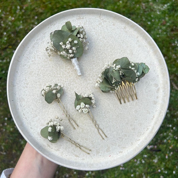 Juego pequeño de peine para el cabello | Peine hecho de flores secas peine de boda flores secas peinado nupcial oro eucalipto blanco