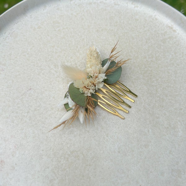 Haarkamm „Pampas Dream Eukalyptus“ klein | Kamm aus Trockenblumen Hochzeit Steckkamm Trockenblumen Brautfrisur gold
