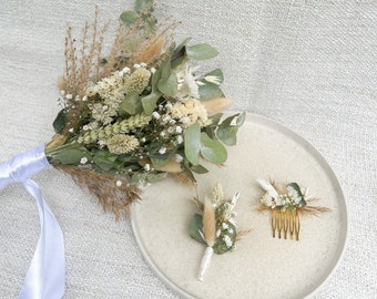 Set Kamm “Moonlight” & Anstecker Blumenanstecker zum Blumenhaarkranz Hochzeit Anstecker Trockenblumen Bräutigam Jute oder Spitze