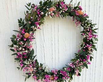 Couronne de fleurs séchées couronne murale « Honolulu » couronne de porte décoration bohème plage lavande eucalyptus rose blanc entièrement noué 30 cm