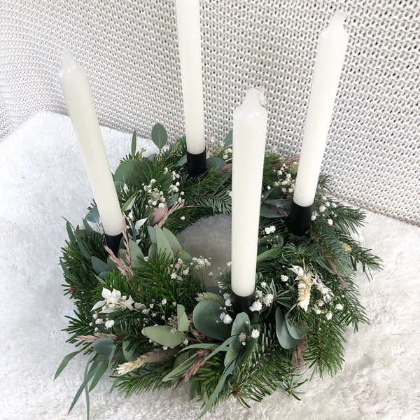 Adventskranz „White Christmas“ Eukalyptus Weiß Beige Boho Tanne 30 cm