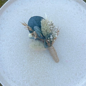 “Moonlight” pin with stabilized eucalyptus pin wedding pin dried flowers groom jute or lace