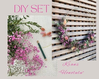DIY Kranz Set zum selbst binden Trockenblumenkranz Wandkranz „Honolulu“ Türkranz Deko Boho Strandflieder Eukalyptus rosa Weiß gold 25 cm