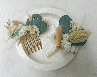 Set comb “BlueMoon” & pin flower pin for flower hair wreath wedding pin dried flowers groom jute or lace