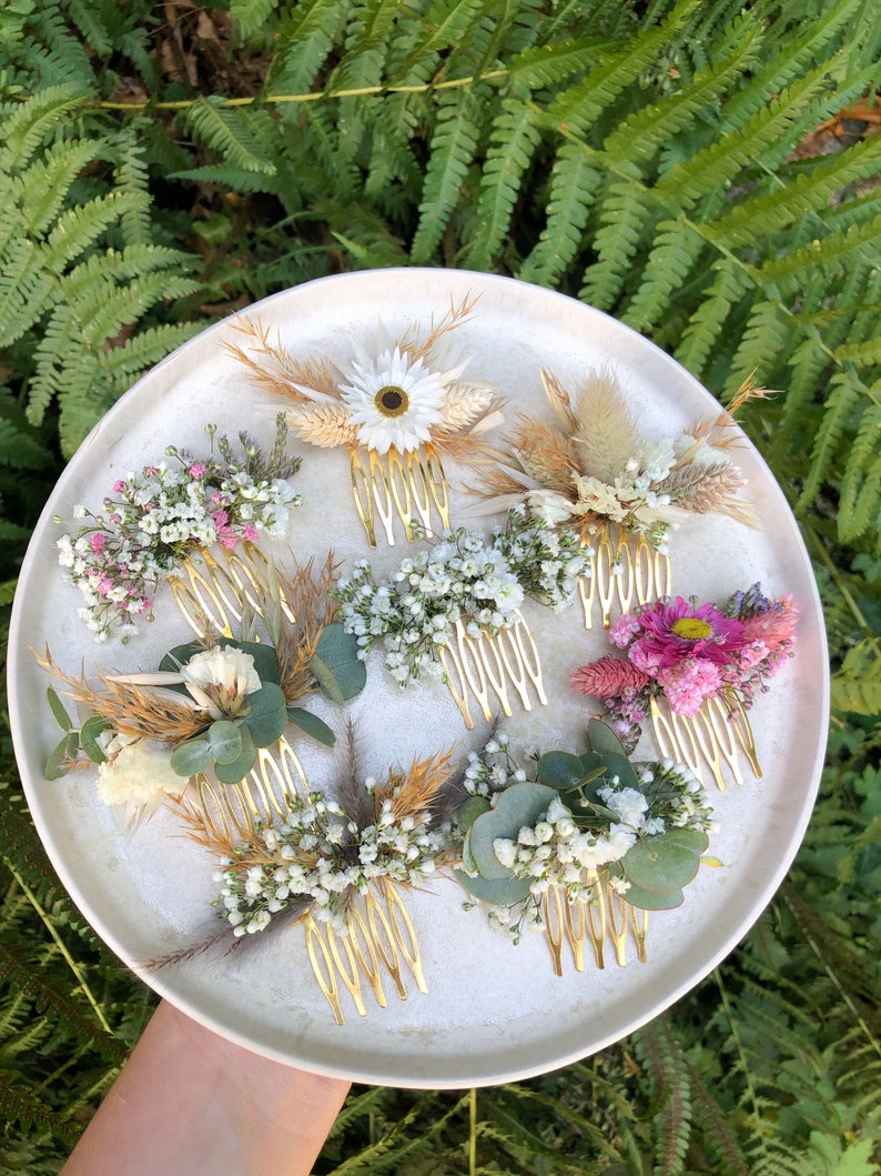 Hair comb small Comb made of dried flowers wedding comb dried flowers bridal hairstyle gold eucalyptus white image 8