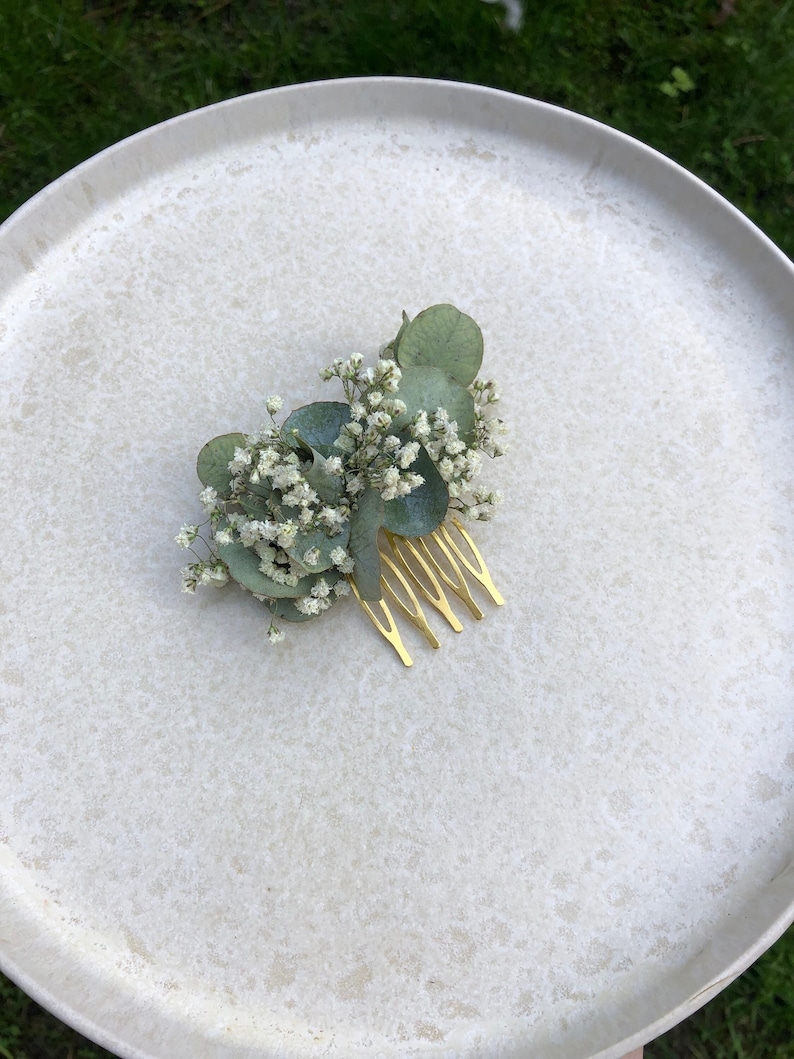 Hair comb small Comb made of dried flowers wedding comb dried flowers bridal hairstyle gold eucalyptus white image 1