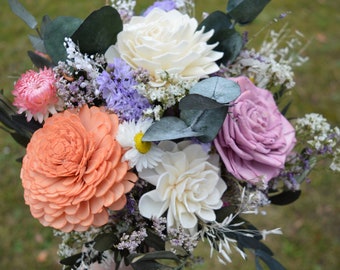 Hochzeitsset „Honeybelle“ Brautstrauß Anstecker Haarkamm mit haltbaren Holzblumen und Trockenblumen