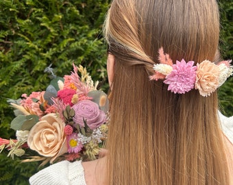 Hochzeitsset „Cherrywood“ Brautstrauß Anstecker Haarkamm mit haltbaren Holzblumen und Trockenblumen