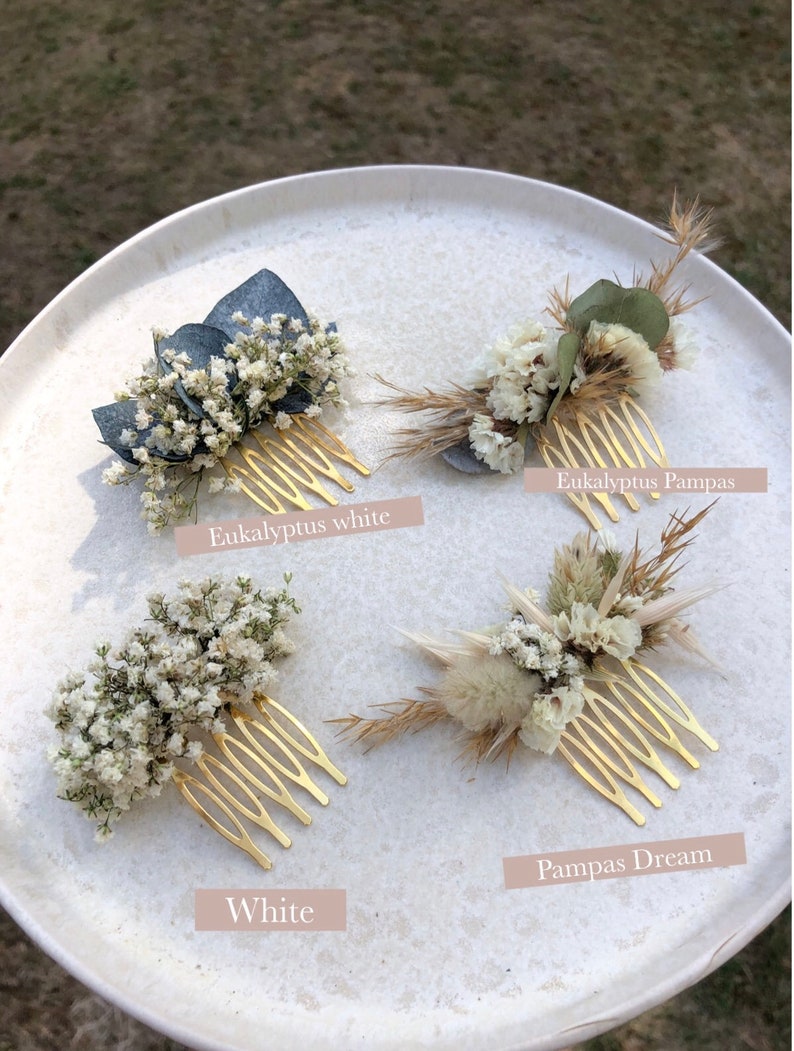 Hair comb small Comb made of dried flowers wedding comb dried flowers bridal hairstyle gold eucalyptus white image 6