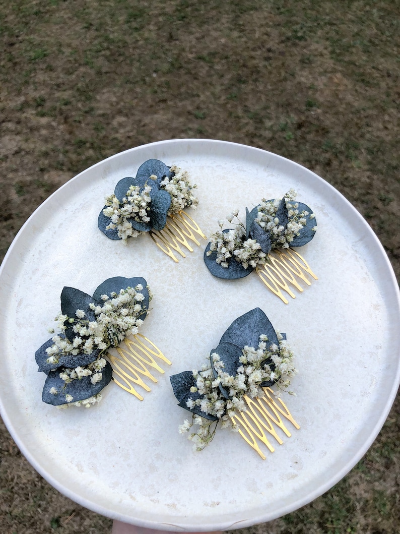 Hair comb small Comb made of dried flowers wedding comb dried flowers bridal hairstyle gold eucalyptus white image 5