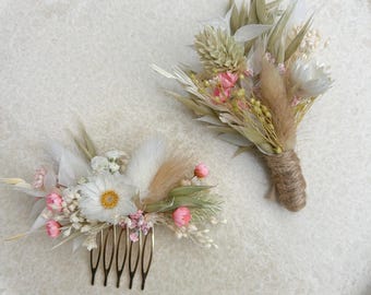 Bouquet da sposa, ghirlanda per capelli, boutonnière "English Tea Garden", set di bouquet da sposa, pettine, fiori bianchi, accessori per capelli, fiori selvatici pastello, rosa