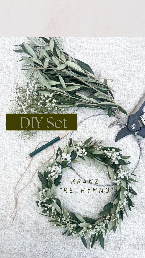 DIY Kranz Set zum selbst binden Trockenblumenkranz Wandkranz „Rethymno“ Türkranz Dekokranz Wohn Deko Boho JGA Olive mit Ring nach Wahl 25cm