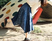 Indigo Linen Denim Stitching Maxi Skirt , Asymmetric Plant Dyed Casual Elastic Waist Skirt, Women s Oversize Plus Size A Line Tulip Skirt
