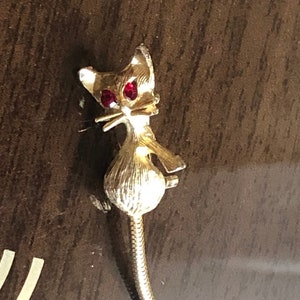 Cute Little Mouse Brooch Pin with Articulating Tail and Red Rhinestone Eyes