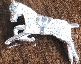 Silver Toned Rhinestone Horse Brooch Pin Equestrian Mid Century