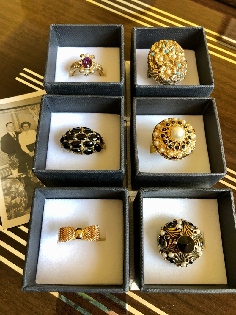 Six 6 Lovely Vintage Costume Adjustable Cocktail Rings with Gift Boxes image 1