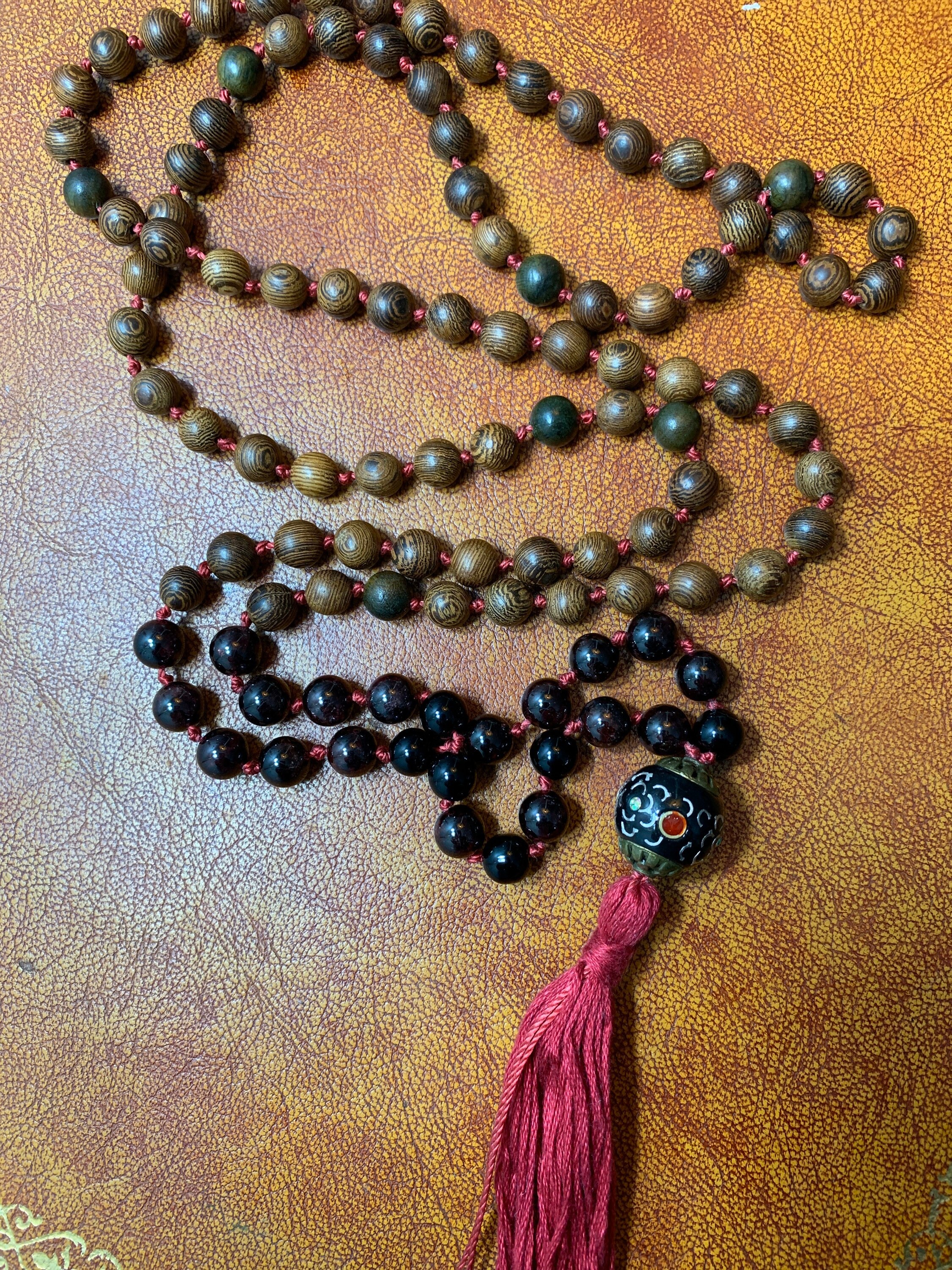 Natural Garnet and Black Sandalwood Mala