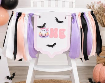 Spooky One High Chair Banner Halloween First Birthday Girl Party Decoration Personalized Pastel Ghost