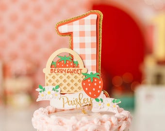 Adorno para pastel de fresa Dulce primer cumpleaños Adorno para pastel de niña para sesión de fotos personalizada