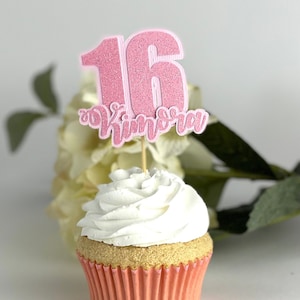 Sweet 16 Cupcake Toppers Personalized Birthday Decorations Girl 16th Birthday Party Decor Dessert Table Decor  Pink Birthday Party For Her