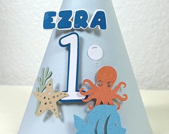 Under the Sea First Birthday Hat Ocean Theme Baby Boy Smash Cake Hat Coastal Birthday Party Hat Blue Sea Creatures