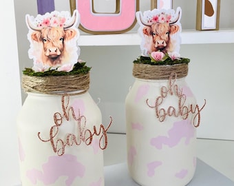 Highland Cow Baby Shower Mason Jar Centerpiece, Boho Girl Table Decor, It’s a Girl Party Decoration