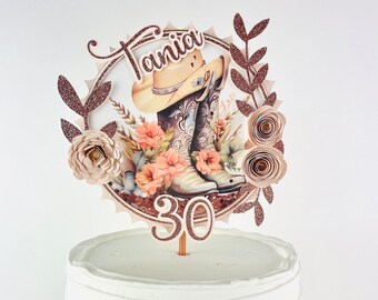 Western 30. Geburtstag Torten-Topper – Cowboy/Cowgirl-Design, Schwarz Glitzernd, Mit Holzstab