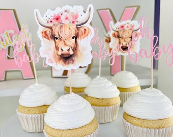 Highland Cow Cupcake Topper Cow Baby Shower Decoration Rustic Baby Shower Cupcake Toppers Girl Highland Cow Party Decor Oh Baby Cupcake Pick