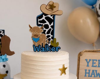 First Rodeo Cake Topper Personalized Cowboy Birthday Decoration Highland Cow Western Party