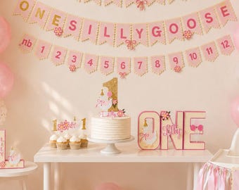 One Silly Goose Birthday Bundle, Pink First Birthday Decor, Girl Party Decorations