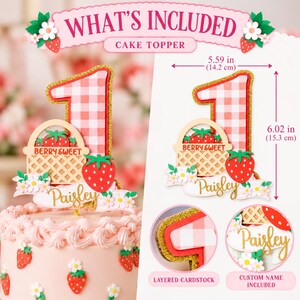 What's included: one personalized Berry Sweet strawberry cake topper made with layered cardstock, gold glitter and a custom name