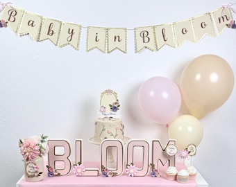 Baby in Bloom Baby Shower Decorations Bundle Floral Baby Shower Decor Banner Cake Topper Cupcake Toppers Girl Shower
