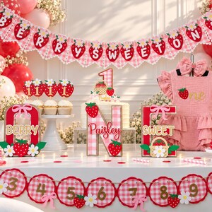 Full Berry Sweet One strawberry first birthday party with banner, centerpieces, high chair banner and romper, matching pieces sold separately