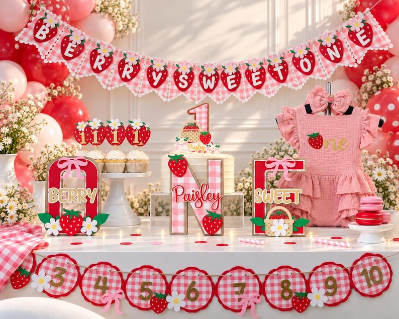 Full Berry Sweet One strawberry first birthday party with banner, centerpieces, high chair banner and romper, matching pieces sold separately