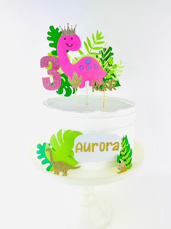 Dinosaurier Cake Topper Set – 4-teilige Geburtstagskuchen-Deko Mit Grünen Blättern & Dino-Motiven