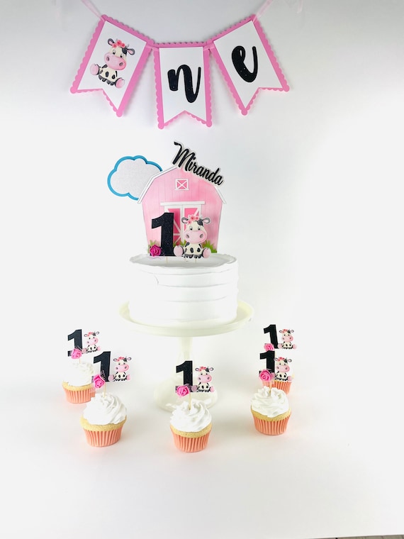 COW FIRST BIRTHDAY Cupcake Toppers, 1 Cupcake Topper, décorations de  cupcakes animaux de la ferme, décorations d'anniversaire de vache rose,  décor de douche de bébé vache -  France