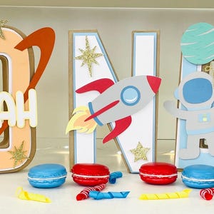 Centro de mesa con letras 3D para primer viaje alrededor del sol, decoración de cumpleaños, decoración de mesa para primer cumpleaños, cohete, astronauta, fiesta
