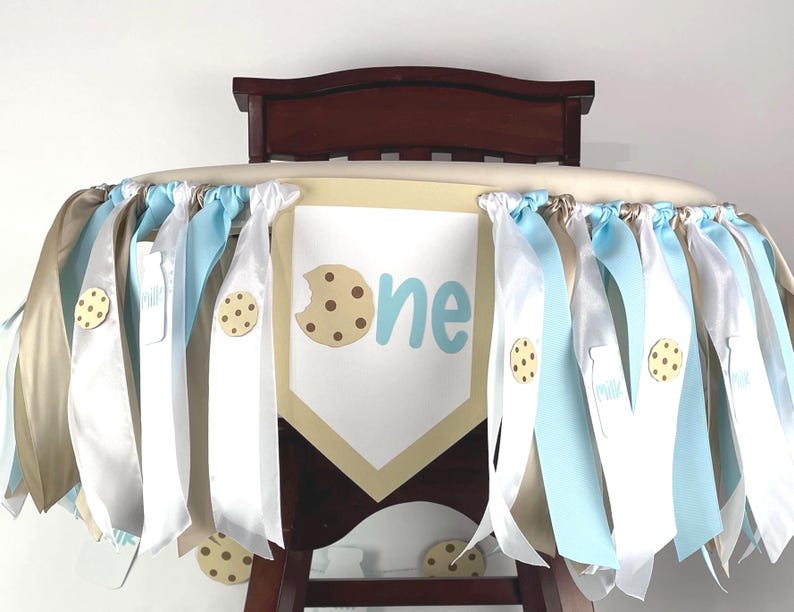 Blue milk and cookies highchair banner for boy first birthday celebration