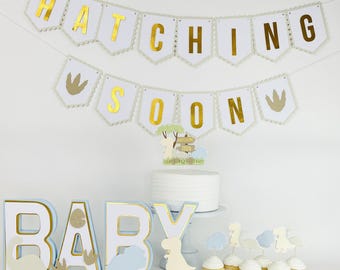Dinosaur Baby Shower Bundle for Boy, Hatching Soon Theme, Banner & Cake Topper Decor