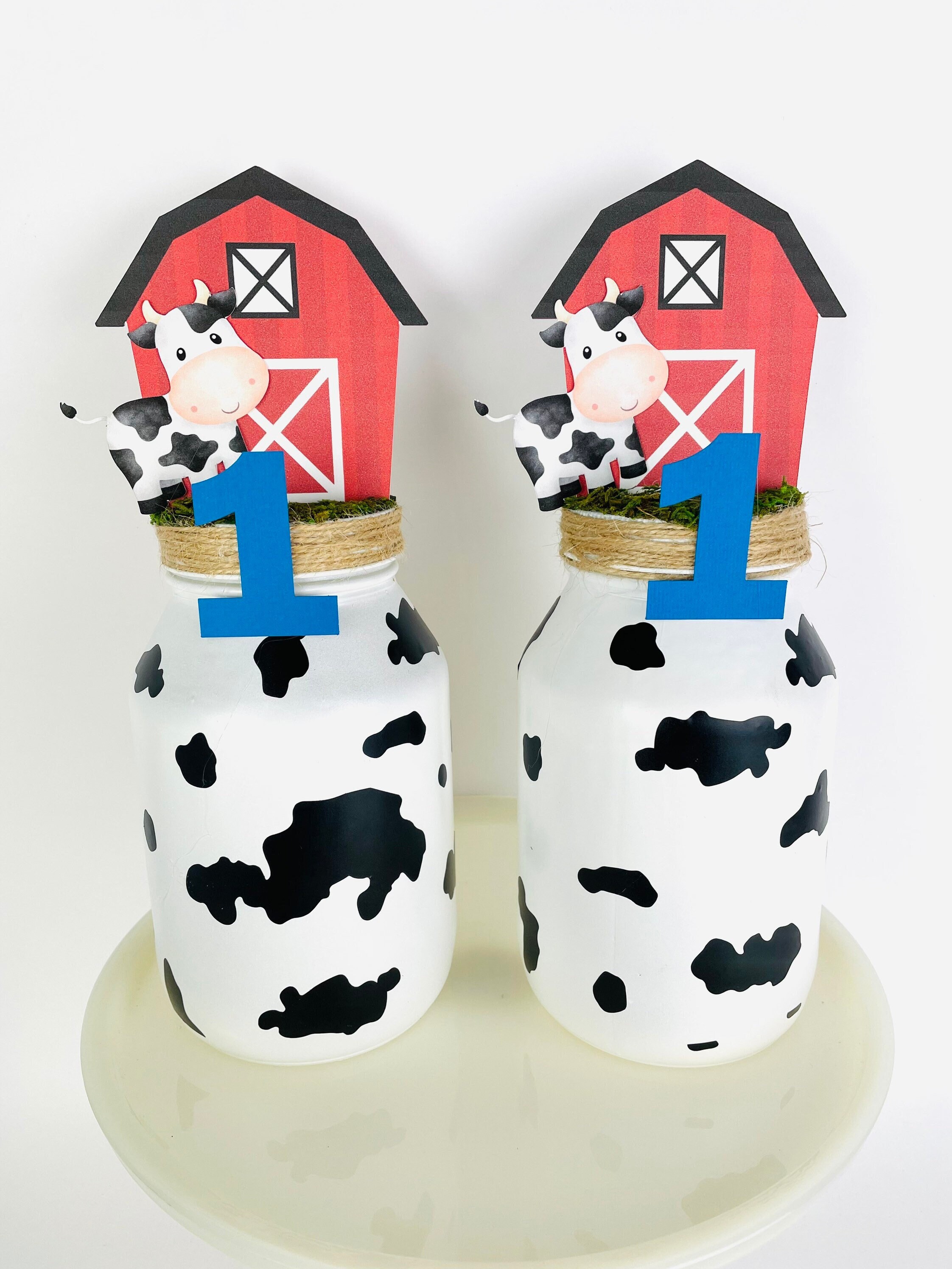 COW FIRST BIRTHDAY Centerpieces Cow Mason Jar Boy Farm Party Cow First Birthday Boy First Birthday Decorations Boy Animal