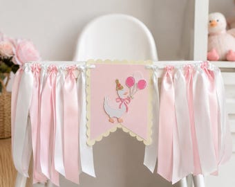Goose Highchair Banner First Birthday Girl Pink Goose Birthday Cake Smash Decor