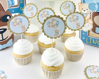 Teddy Bear Cupcake Topper We Can Bearly Wait Toppers Baby Shower Cupcake Topper Bear Baby Shower Decor Baby Boy Shower Decorations For table